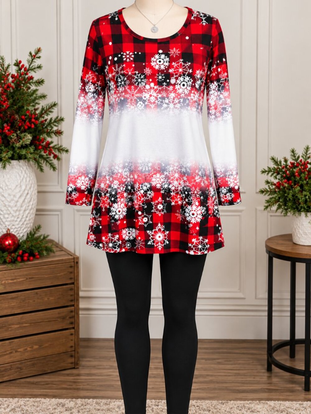 🎄 Christmas Buffalo Plaid & Snowflake Tunic – Size Large 🎄